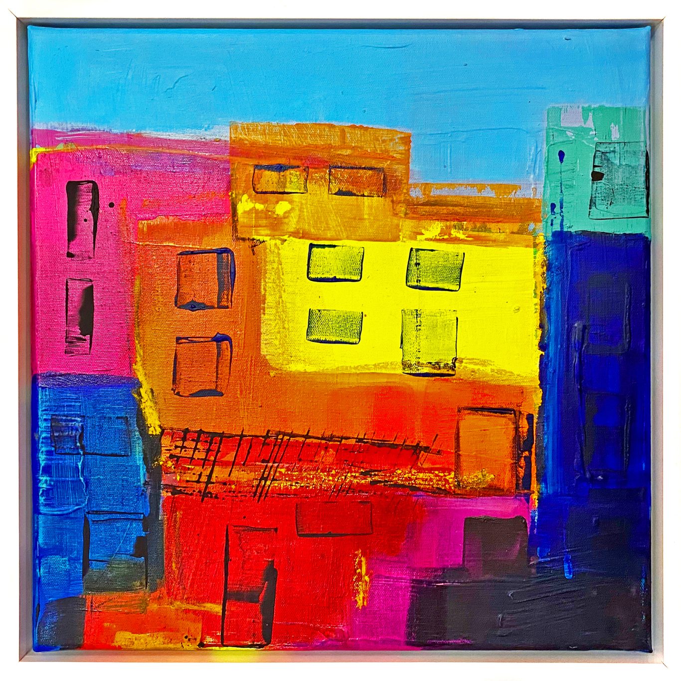 Bunte abstrakte Stadtlandschaft mit leuchtenden Farben und geometrischen Formen.