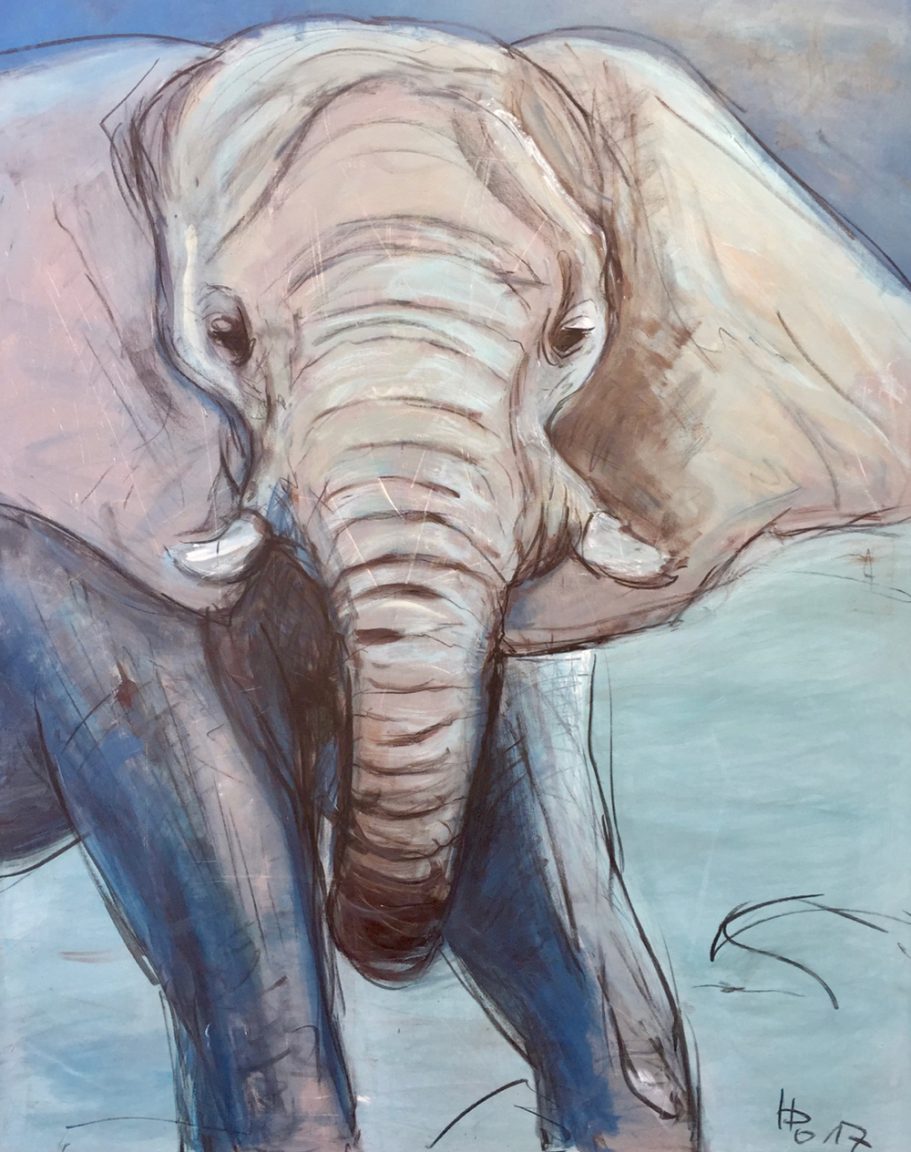 Elefant blau | *verkauft* Grauer Elefant mit sanften Linien und blauen Schattierungen vor einem hellen Hintergrund.