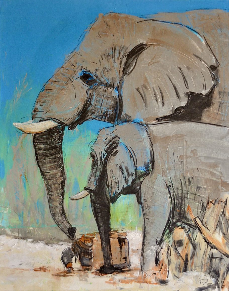 Elefantenmutter mit Kind | 80x100cm Zwei Elefanten stehen an einer Wasserstelle, umgeben von grünem Hintergrund.