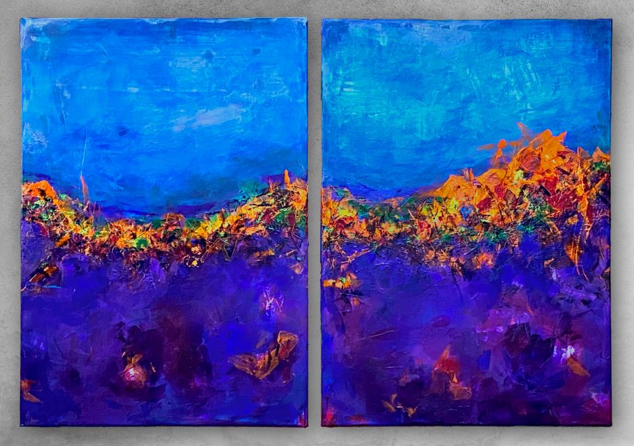 Komposition Blau-Orange (Diptychon) | 2x 90x130cm Abstrakte Malerei in Blau mit orangefarbener Horizontlinie mit expressivem Farbauftrag mit Spachtel.