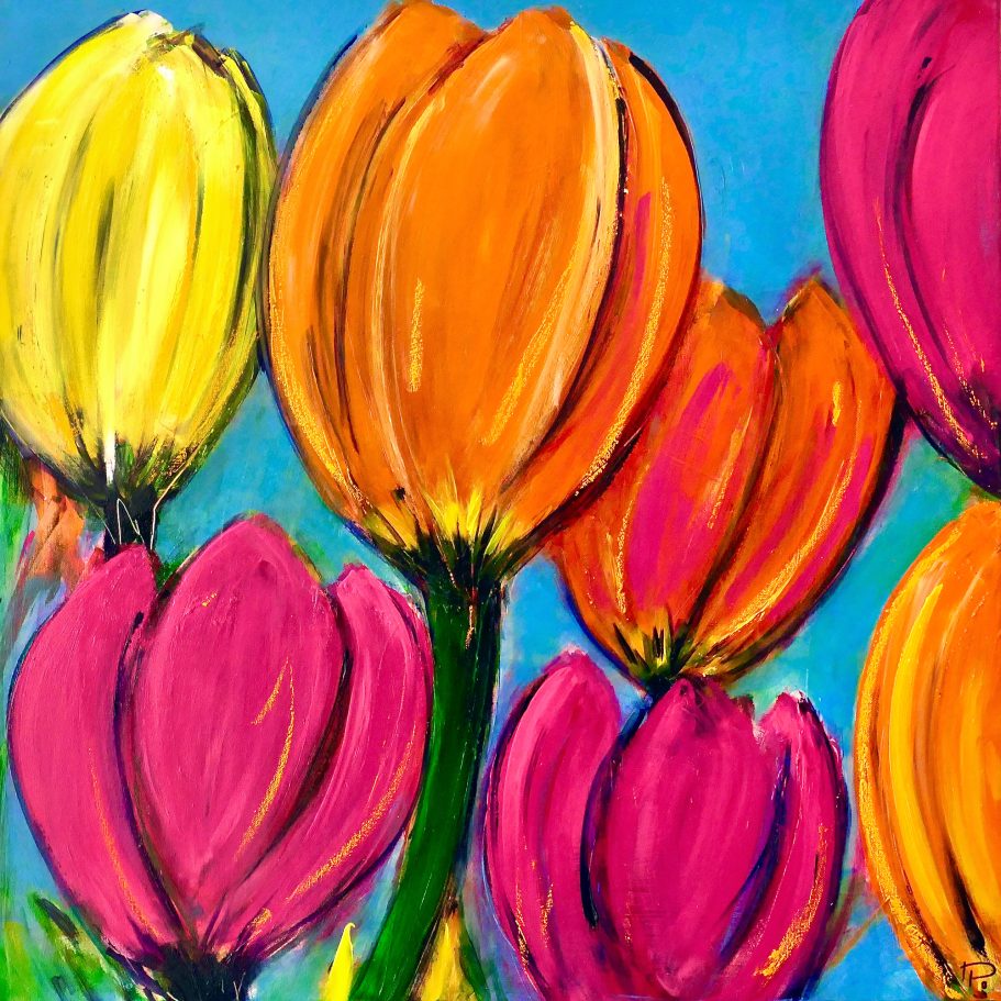 Tulpen in Acryl 1 | 80x80cm Bunte Tulpen in leuchtenden Farben vor einem blauen Hintergrund.