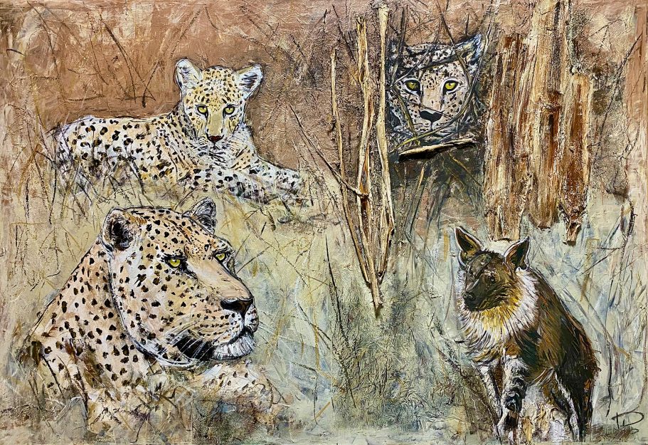 Leopardenfamilie mit Hyăne | 130x90cm Drei Leoparden und ein Hyänen in einer kreativen Wildtierszene.