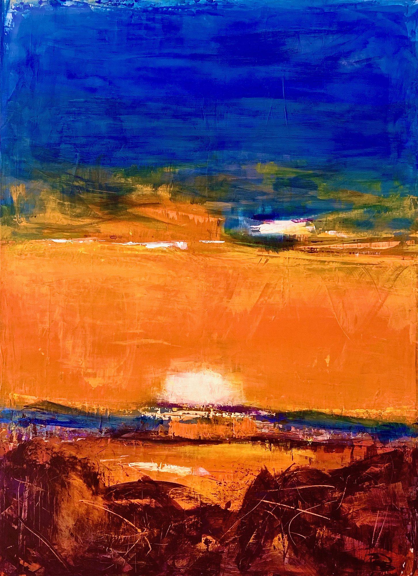 Heike Ponge Art | Sunset 3 | 80x110cm Sonnenuntergang über einem Farbenspiel aus Orange und Blau, umgeben von sanften Hügeln.