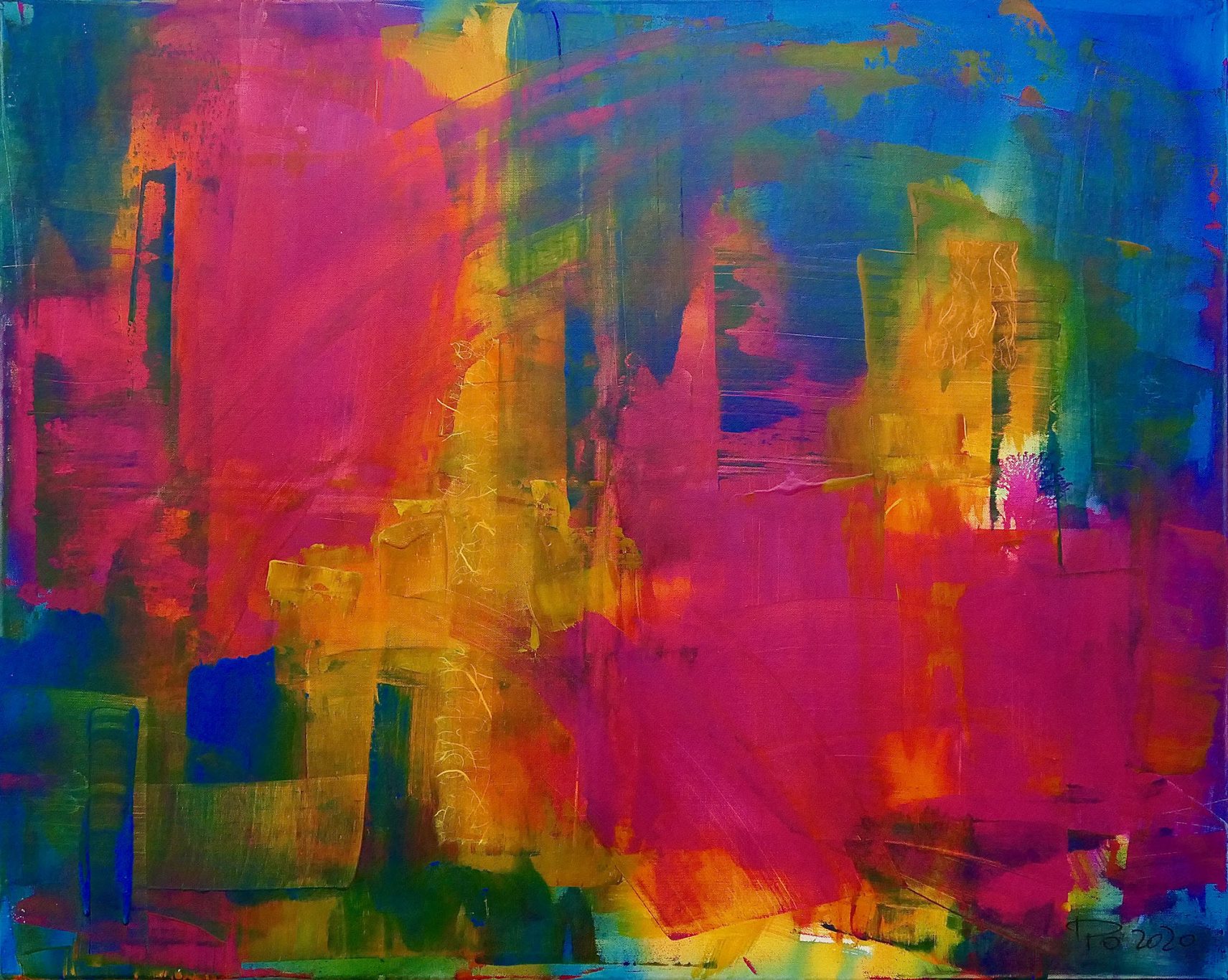 Acrylic Color 1 Farbenfrohes abstraktes Gemälde mit kräftigen Pink-, Blau- und Gelbtönen.