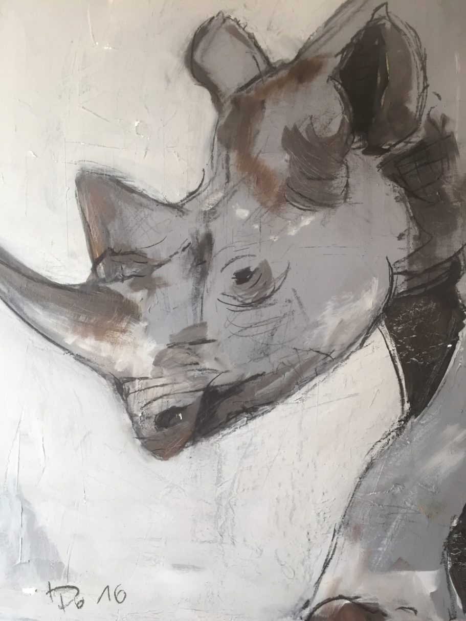 Nashorn *verkauft* Künstlerische Darstellung eines Rhinozeroskopfs in Grautönen.