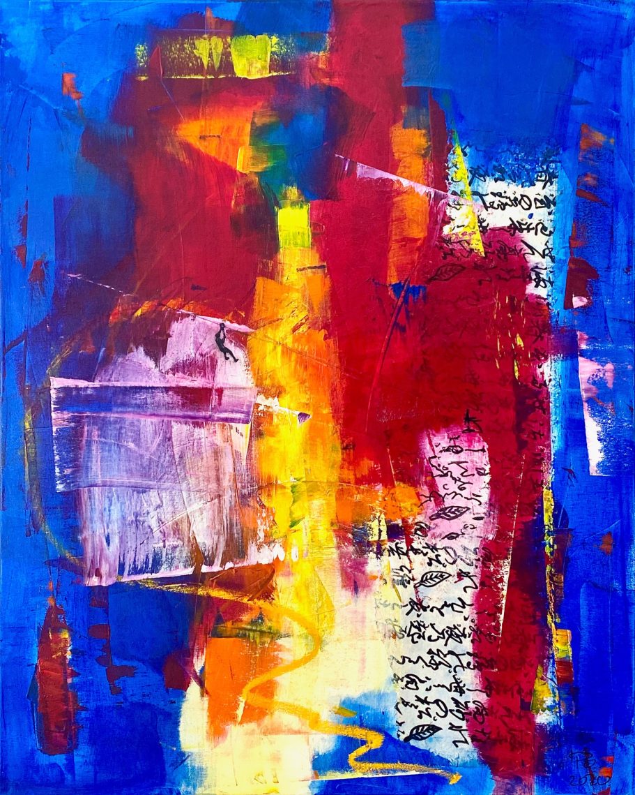Chaos mit Figur am Seil | 80x100cm Abstrakte Malerei in kräftigen Rottönen und Blau, mit dynamischen Texturen und Linien.