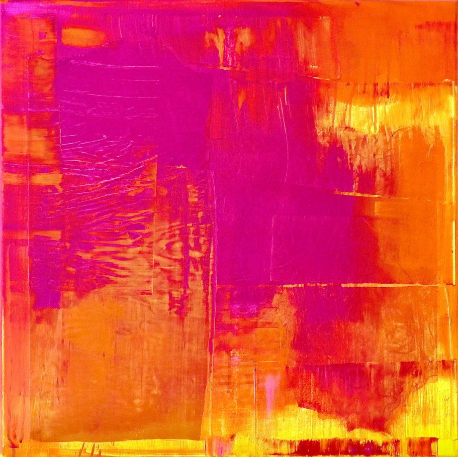 Abstrakte Komposition in leuchtenden Pink-, Orange- und Gelbtönen.