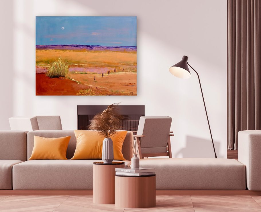 Bunte Landschaft mit Hügeln und Gras, an Wand in modernem Wohnzimmer.