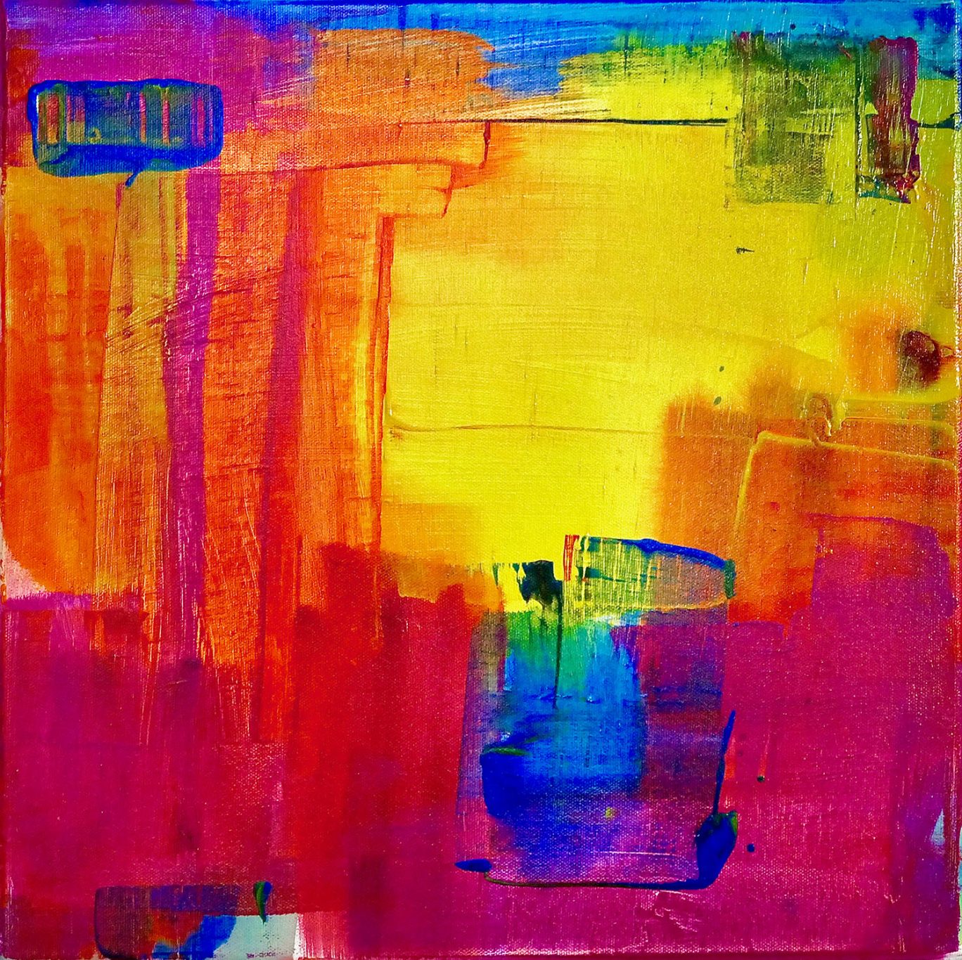 Acrylic Ink 2.3 Farbenfrohe abstrakte Malerei in Gelb, Blau, Rot und Orange mit dynamischen Pinselstrichen.