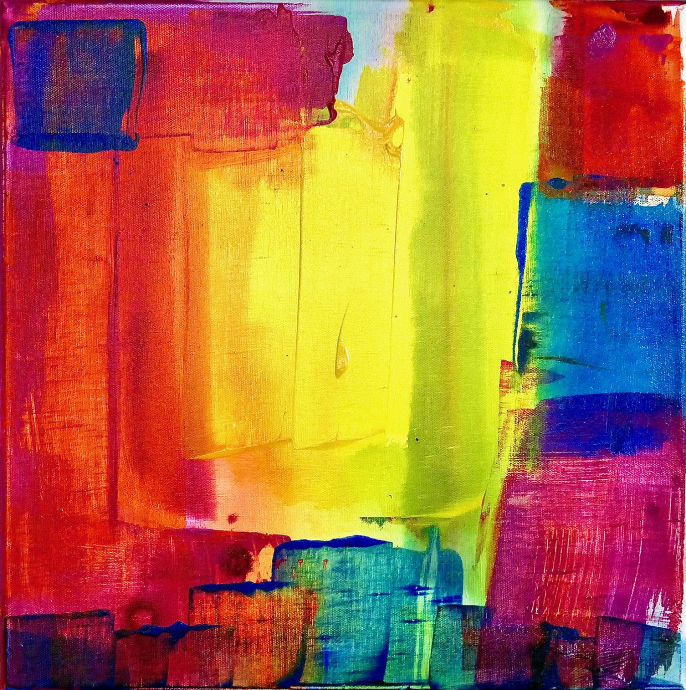 Acrylic Ink 2.4 Buntes abstraktes Gemälde mit dominierenden Farben Blau, Gelb, Rot und Orange.