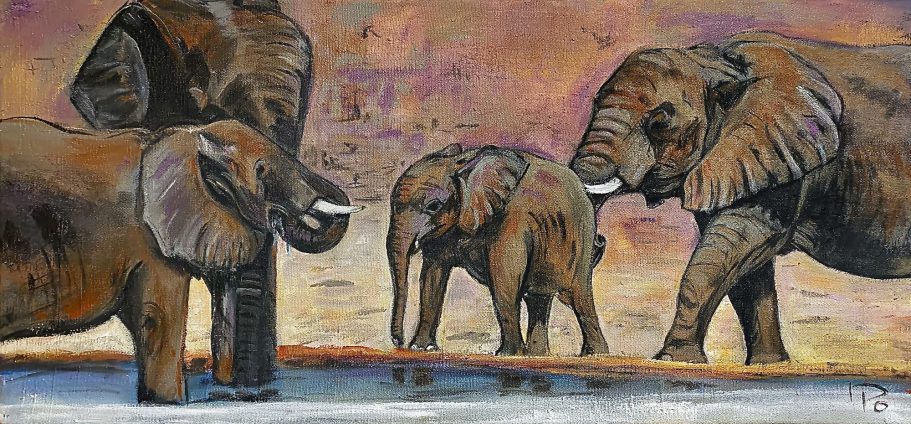 Elefantenfamilie im Etosha Nationalpark | 130x60x5cm Drei Elefanten stehen vor einem bunten, abstrakten Hintergrund.