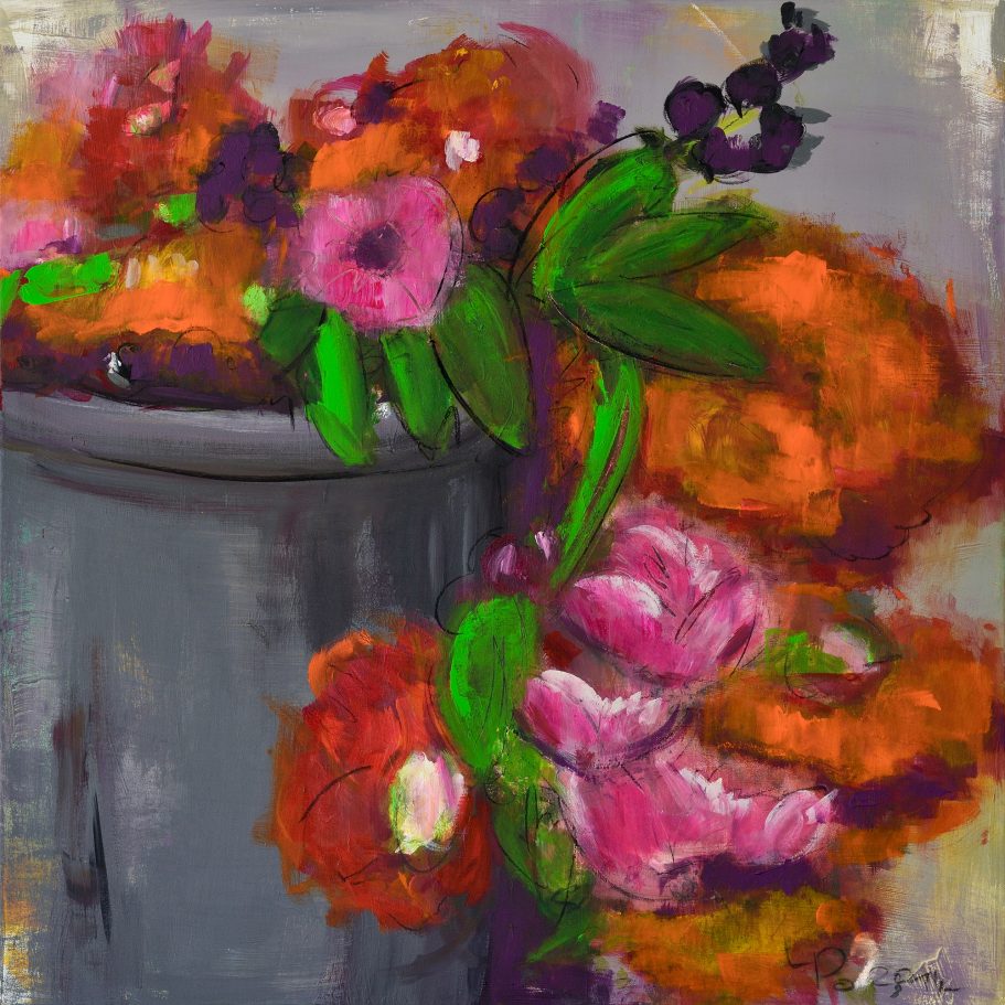 Blumen im Topf | 100x100cm Bunte Blumen in einer grauen Vase, mit lebhaften Farben und weichen Pinselstrichen.