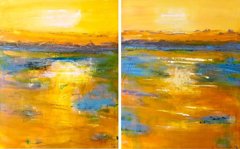 Abstrakte Landschaft in warmen Gelb- und Blautönen, Sonnenuntergang am Wasser.