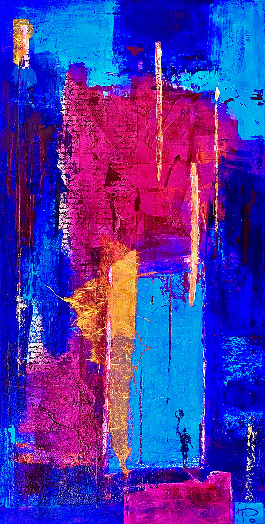 Acrylcollage mit Ballon | 50x100cm Abstrakte Kunst mit lebhaften Farben in Blau, Pink, Gelb und Gold.