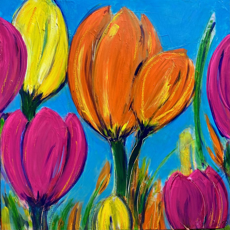 Tulpen in Acryl 2 | 80x80cm Bunte Tulpen in Pink, Orange und Gelb vor blauem Hintergrund.