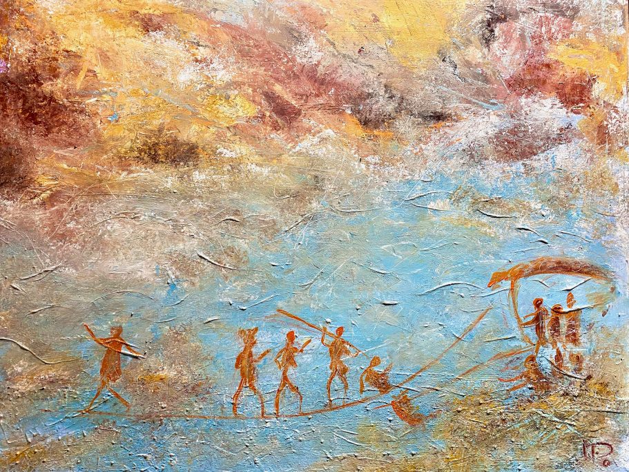 Felsmalerei 2 | 100x80x4cm Prähistorische Menschen auf einem Wasserweg mit einem Boot und angeln.