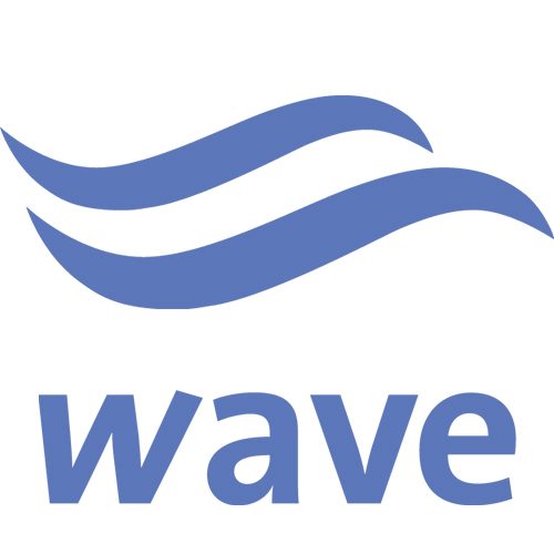 Logo mit Wellenlinien und dem Text "wave" darunter in blauer Schrift.