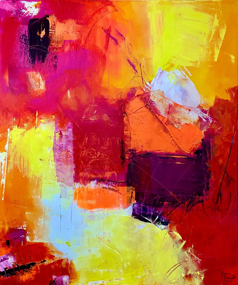 Abstrakte Malerei mit kräftigen Farben in Rot, Gelb, Orange und Violett.
