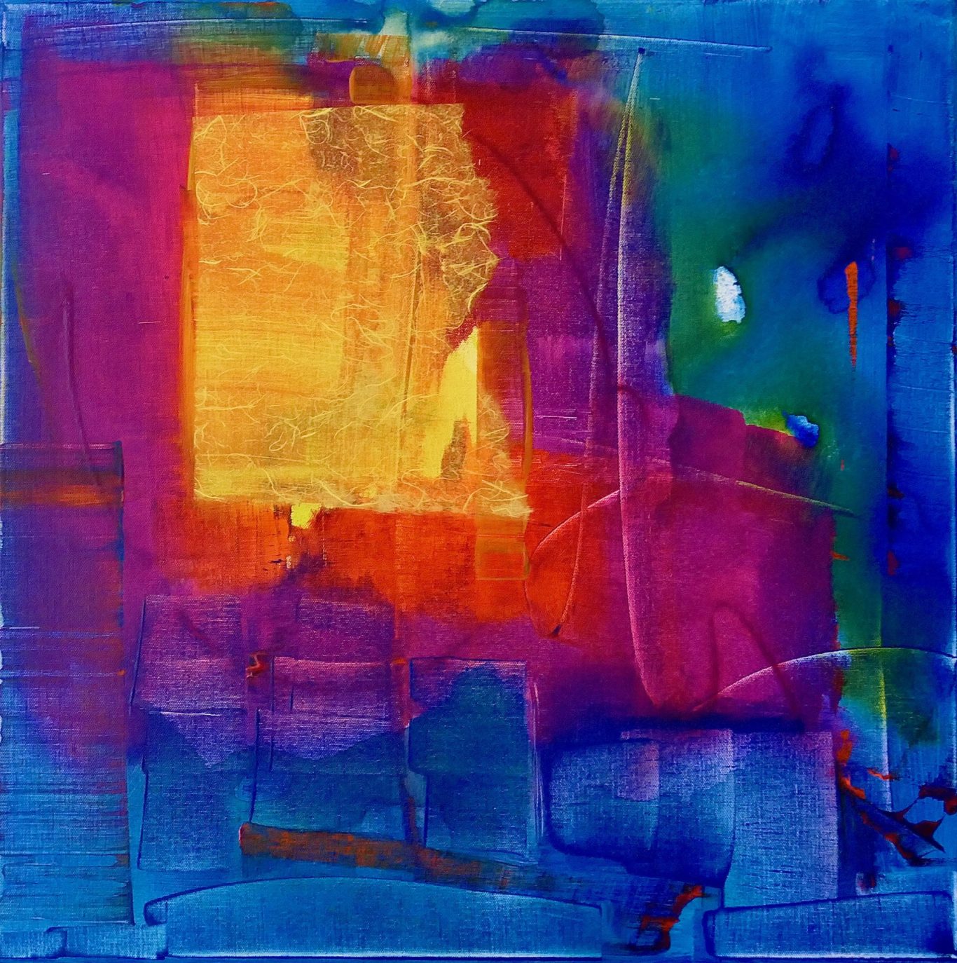 Acrylic Ink 2 Buntes abstraktes Gemälde in Blau, Orange und Lila mit geometrischen Formen.