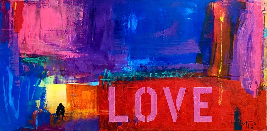 LOVE | 80x40cm Abstrakte Kunst mit bunten Farben und dem Wort „LOVE“ prominent dargestellt.