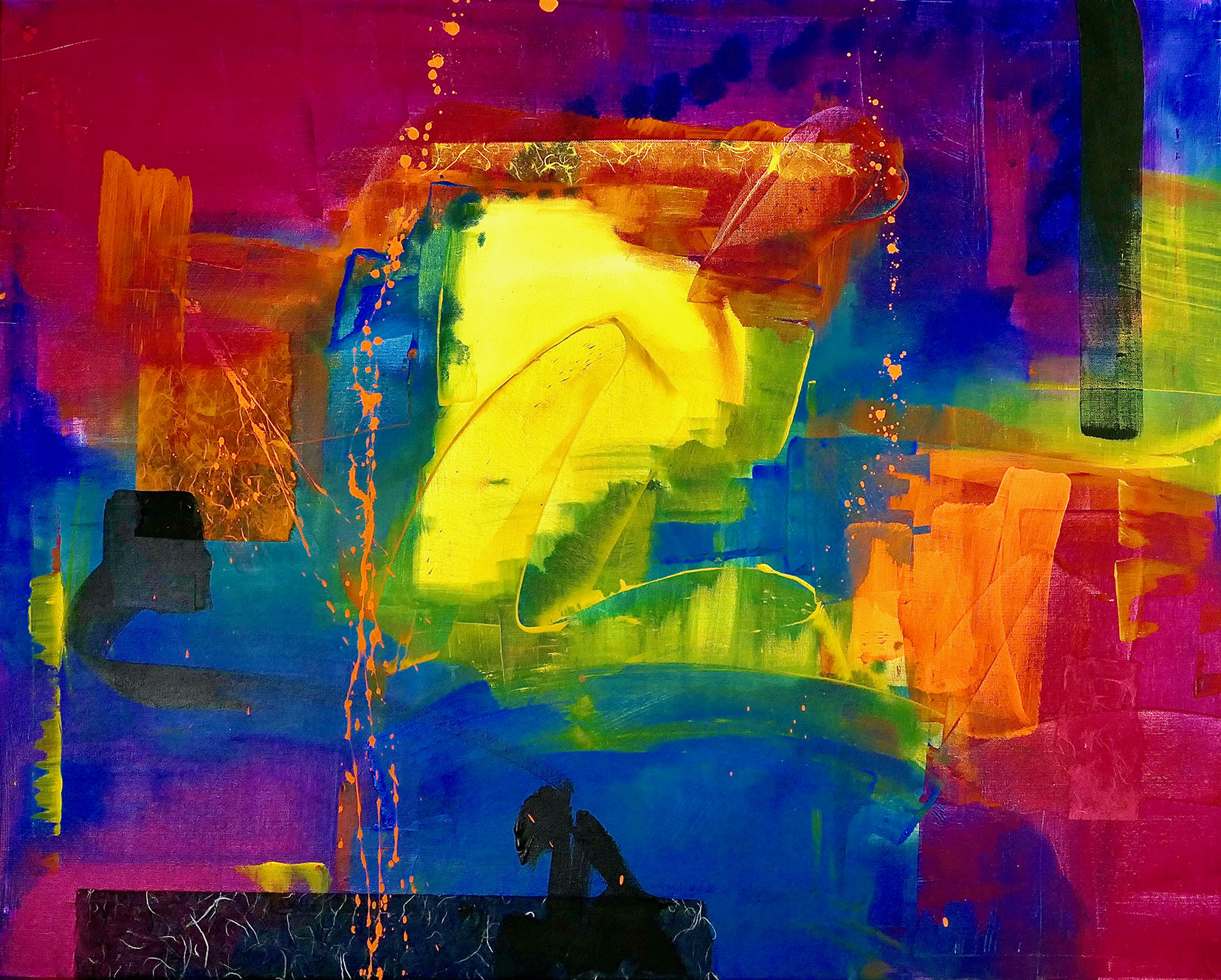 Acrylic Color 4 Bunte abstrakte Komposition mit verschiedenen Formen und einem dunklen silhouettierten Objekt.