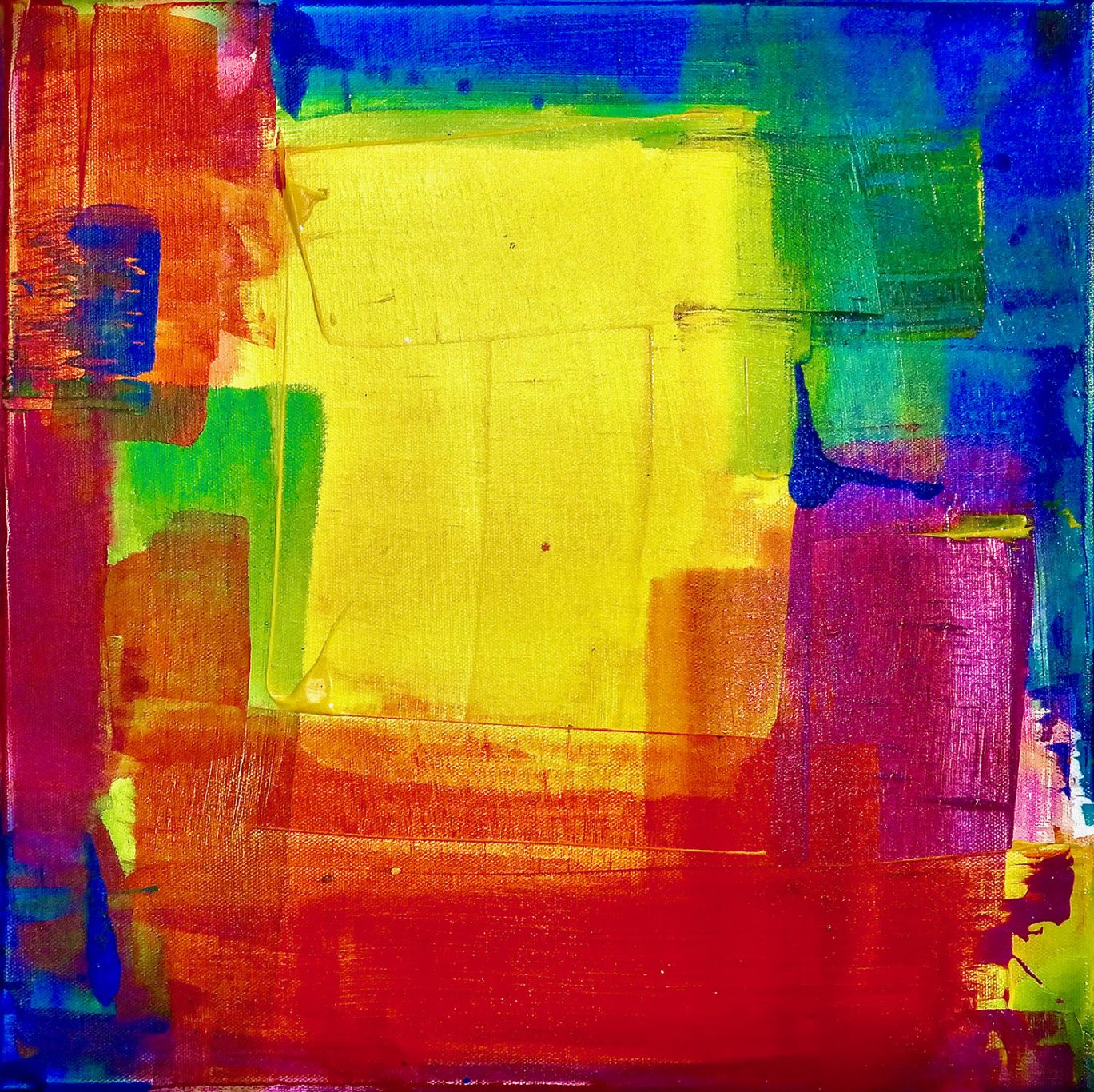 Acrylic Ink 2.2 Farbenfrohes abstraktes Gemälde mit kräftigen Rottönen, Gelb und Blau.