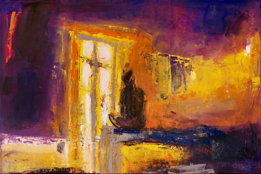 Blick in's Licht | 120x80cm Abstrakte Darstellung einer Person in einem Raum mit warmen Farben und Licht.