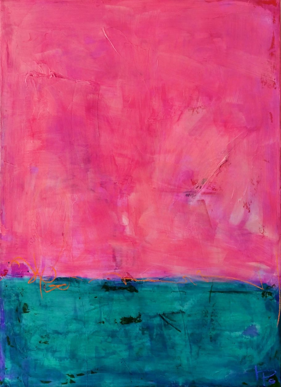 Abstrakte Kunst in Pink und Türkis, mit sanften Farbverläufen.