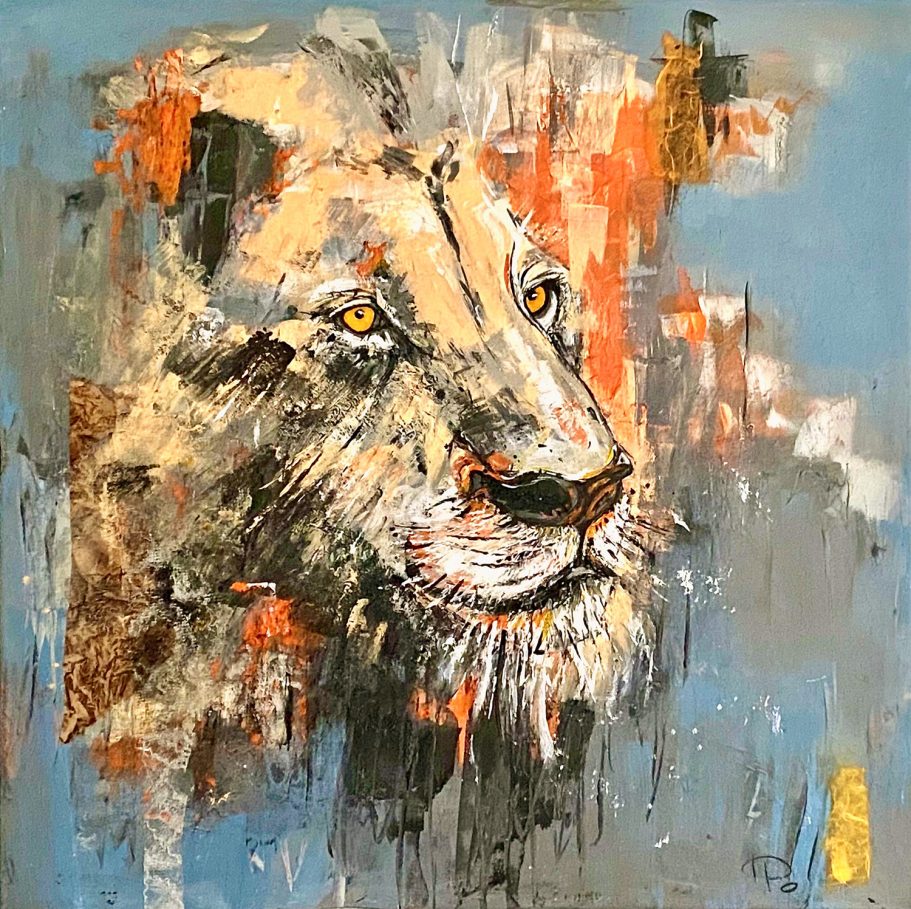Löwenkopf | 80x80cm | "unverkauflich* Ein abstraktes Porträt eines Löwen mit intensiven Farben und kräftigen Pinselstrichen.