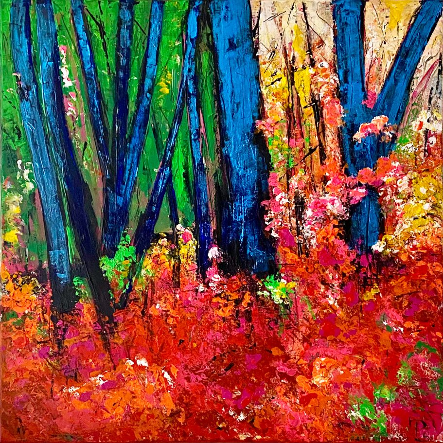 Wald in Rot, Blau und Grün | 80x80cm Bunte Waldlandschaft mit leuchtend blauen Bäumen und bunten Herbstblättern.