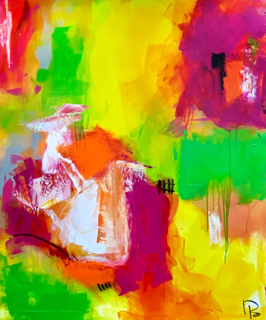 Bunte abstrakte Komposition mit lebhaften Farben in Gelb, Grün, Orange und Pink.
