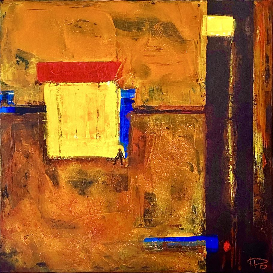 Flächenmalerei 2 | 80x80cm Abstrakte Malerei mit warmen Erdtönen, hellen Farbakzenten und geometrischen Formen.