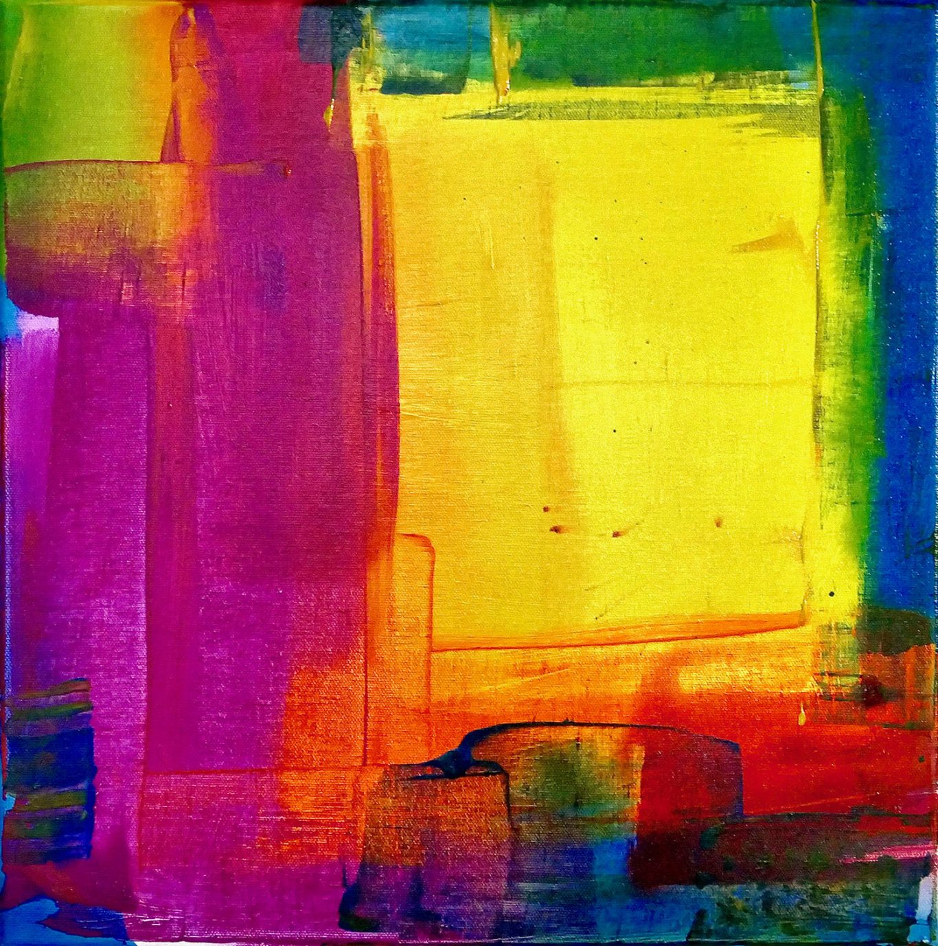 Acrylic Ink 2.1 *verkauft* Bunte abstrakte Malerei in Gelb, Pink, Lila und Blau mit groben Farbstrichen.