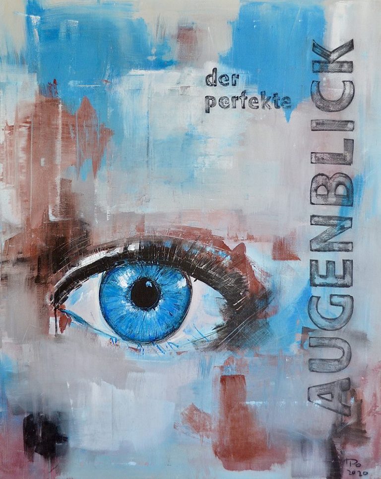Ein großes, blaues Auge auf abstraktem Hintergrund mit dem Text "der perfekte Augenblick".
