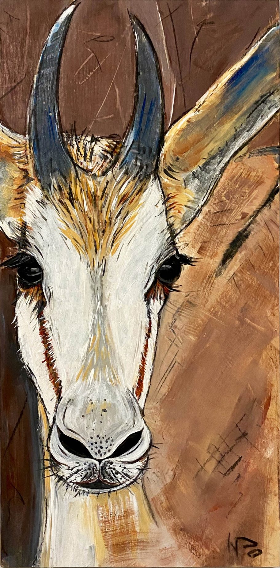 Springbock 30×60x3cm Porträt einer Antilope mit charakteristischen Hornen und lebendigen Farben.