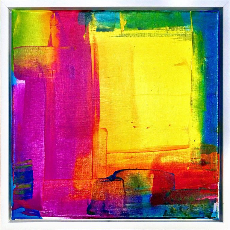Abstrakte Malerei mit lebendigen Farben in Gelb, Pink, Blau und Lila.