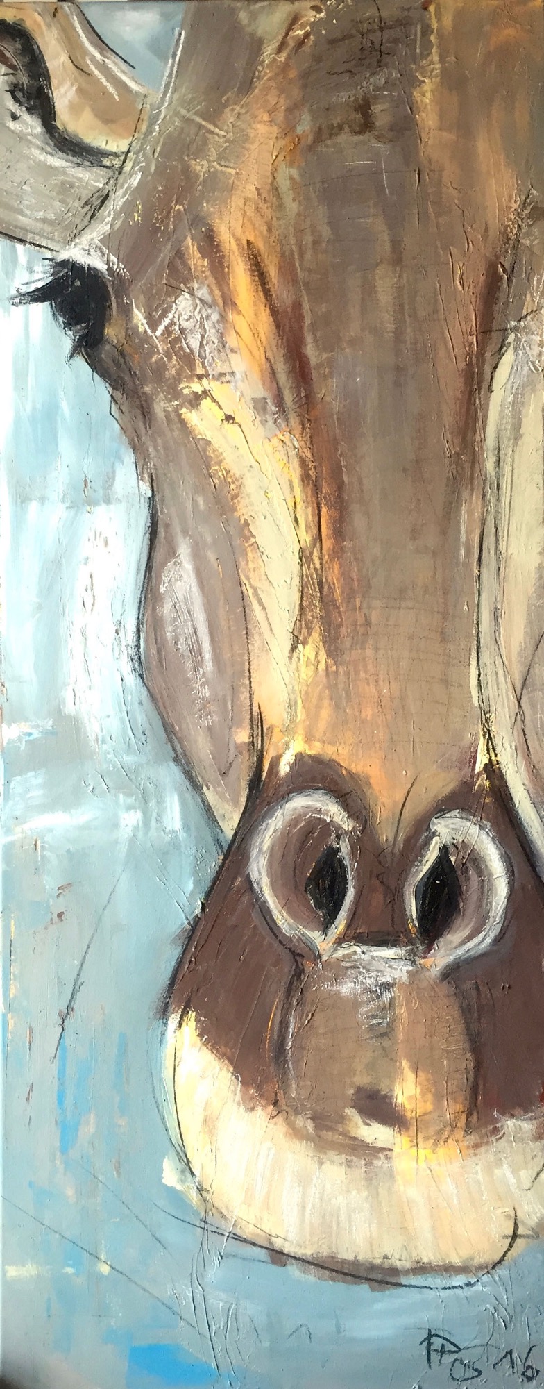 Giraffe 2 | 40x100cm Abstrakte Darstellung eines stilisierten Kopfes mit braunen und beigen Farben.