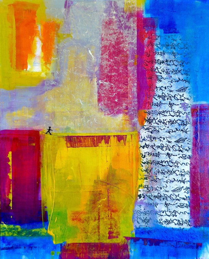 Malerei mit Figur Abstrakte Farbkomposition mit Gelb, Blau, Rot und grauen Texturen.