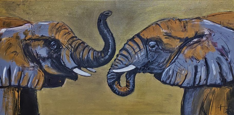 Elefantenpaar | 100x50x5cm Zwei Elefanten, einander zugewandt, mit betonten Gesichtszügen und lebendigen Farben.