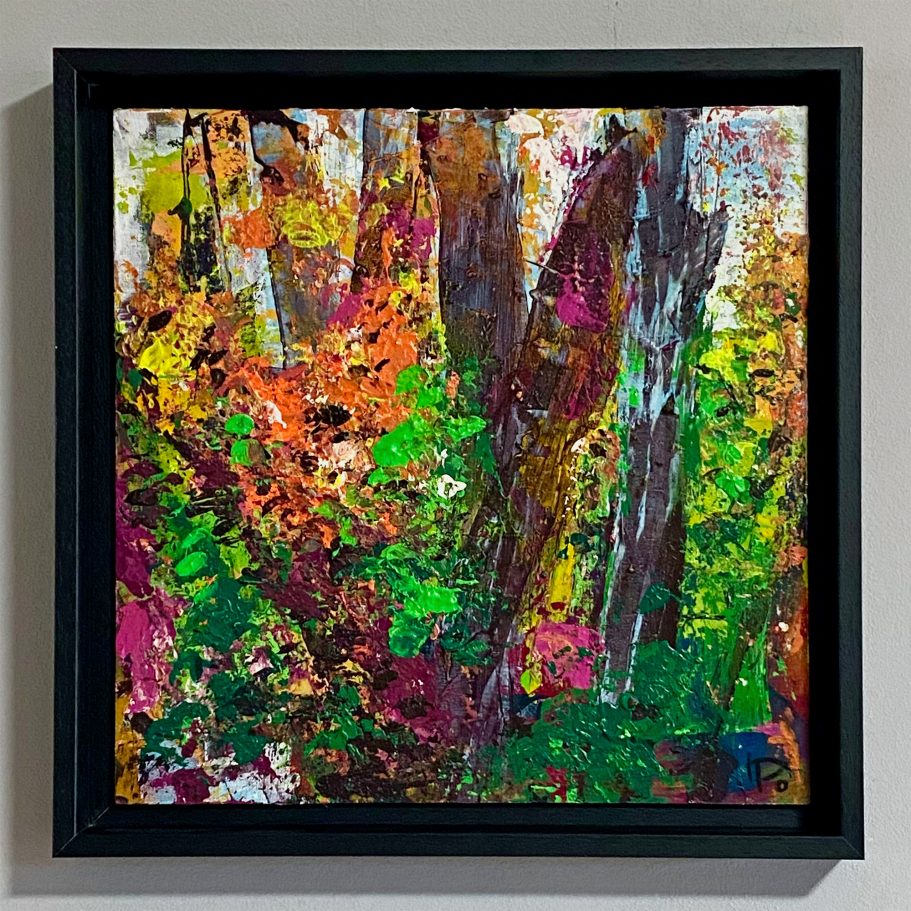 Kleines Waldbild mit Rahmen Nr. 2 | 30x30cm Buntes abstraktes Gemälde mit natürlichen Elementen in lebhaften Farben.