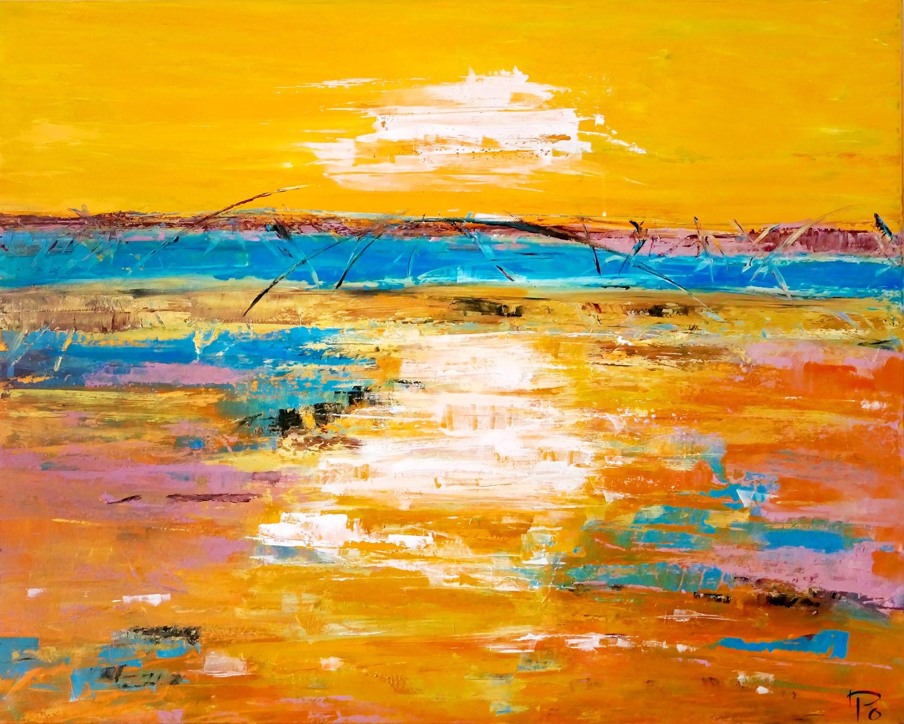 Bunte abstrakte Landschaft mit Sonnenuntergang über einem glitzernden Wasser.
