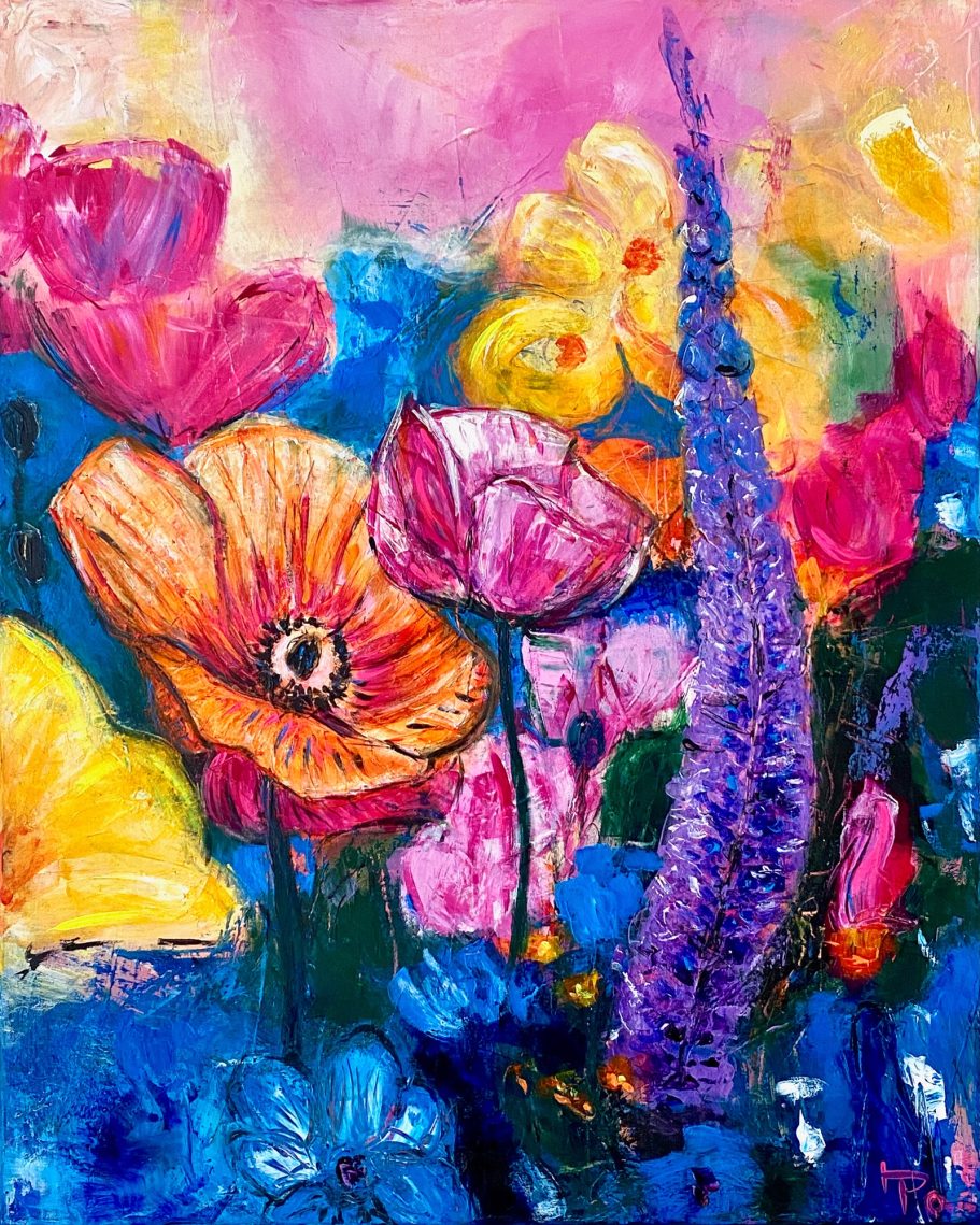 Bunter Blumenstrauss | 80x100cm Bunte Blumen in lebhaften Farben, darunter Mohnblumen und lila Delphinium.