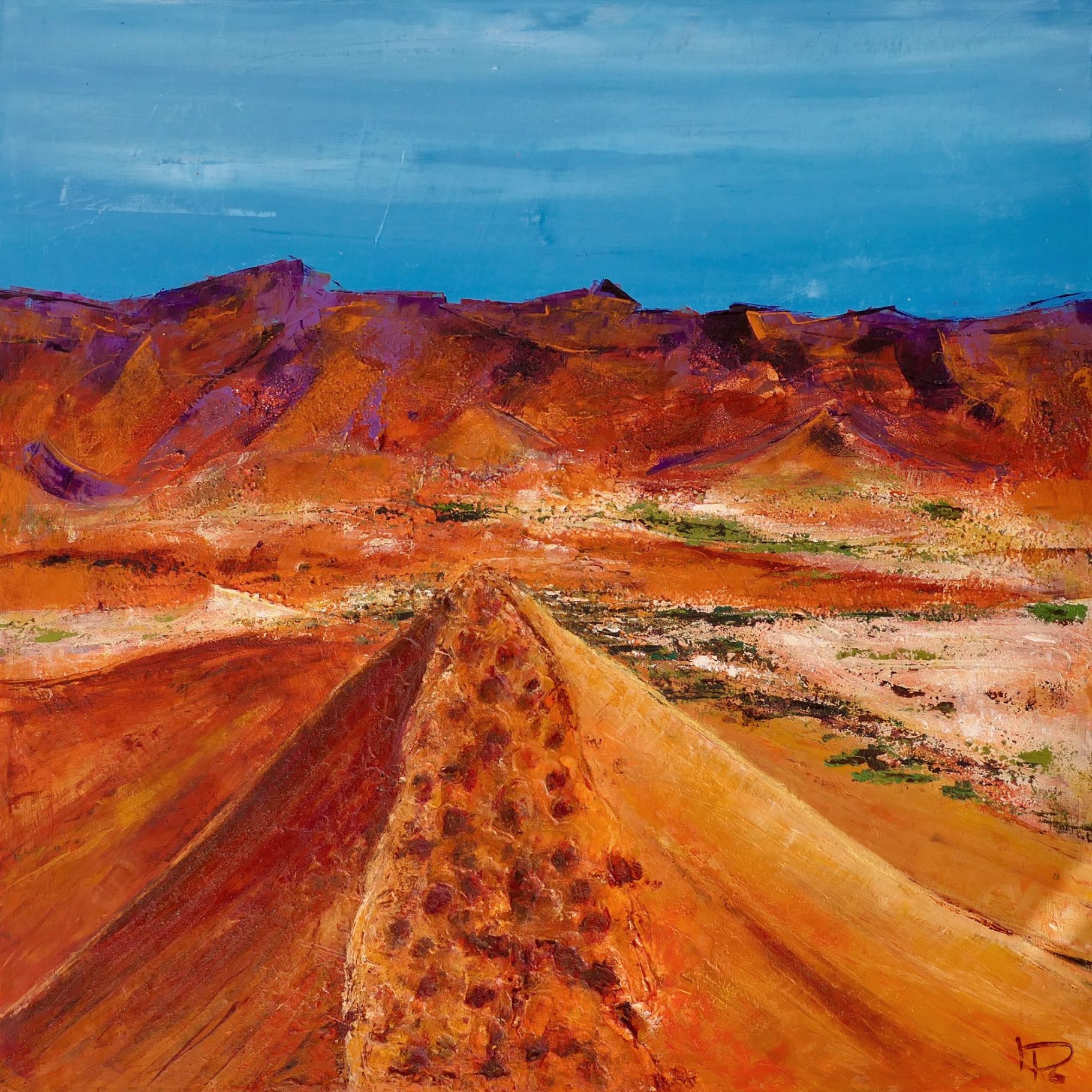 Bunte, abstrahierte Landschaft mit roten und violetten Hügeln und blauem Himmel.