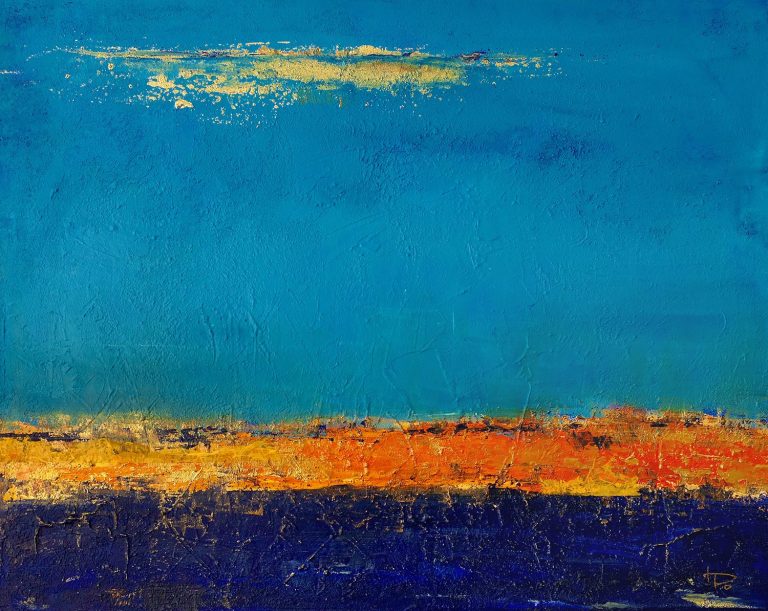 Abstrakte Landschaft mit blauem Himmel und orangefarbener Horizontlinie.