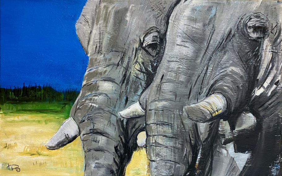 Elefantenpaar 1 | Etosha Nationalpark | 80x50x5cm Zwei Elefantenköpfe vor einem blauen Himmel und grüner Landschaft.