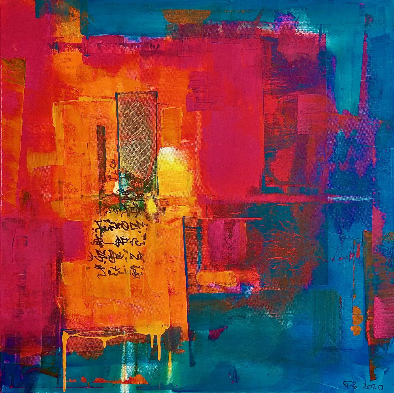 Acrylic Color 2 Abstrakte Komposition in lebendigen Farben mit roten, blauen und orangen Tönen.