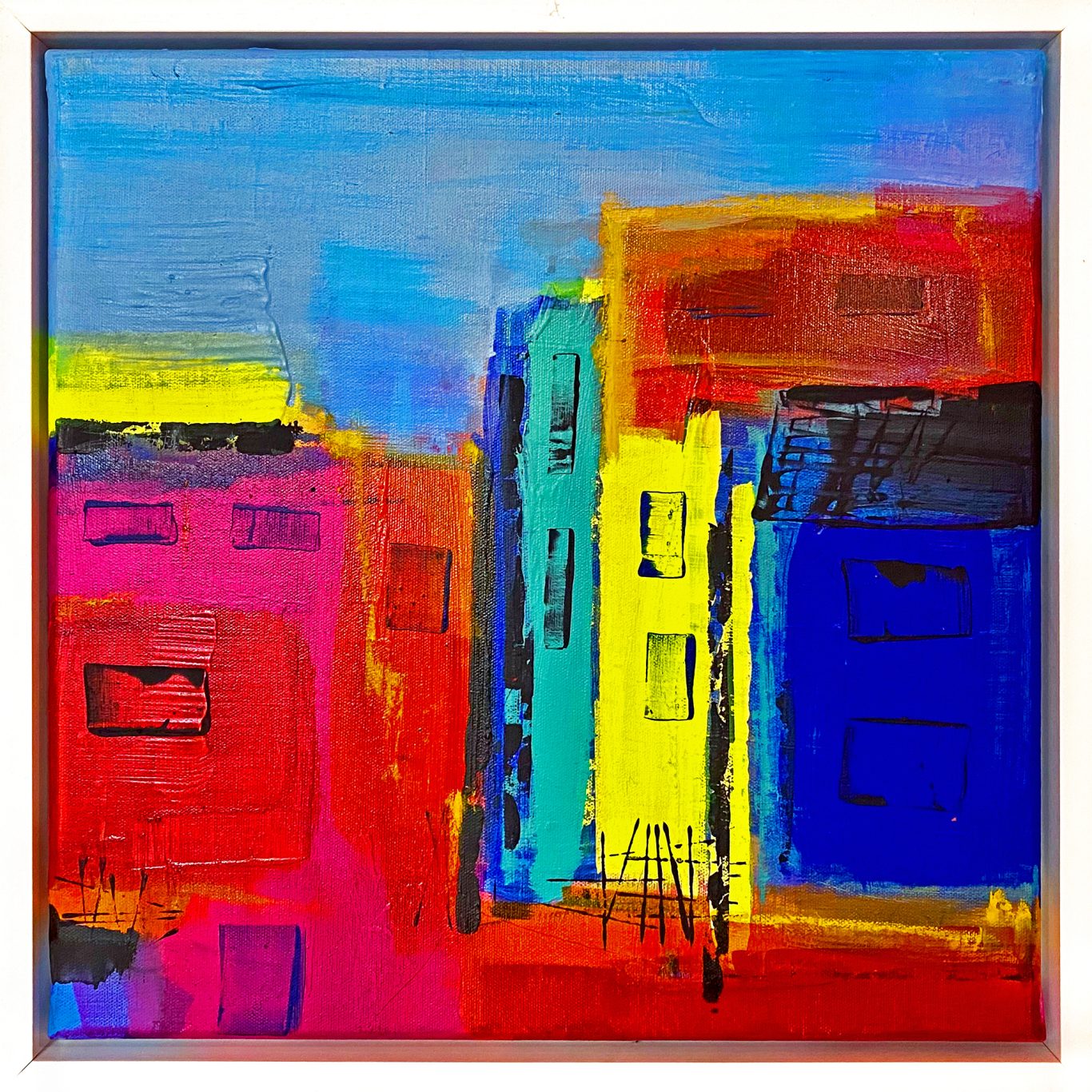 Bunte abstrahierte Stadtansicht mit roten, blauen und gelben Gebäuden.