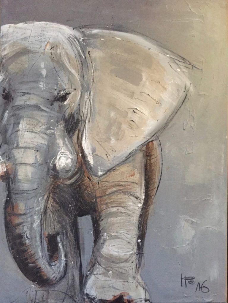 Elefant mit grauem Hintergrund, künstlerisch in Aquarelltechnik dargestellt.