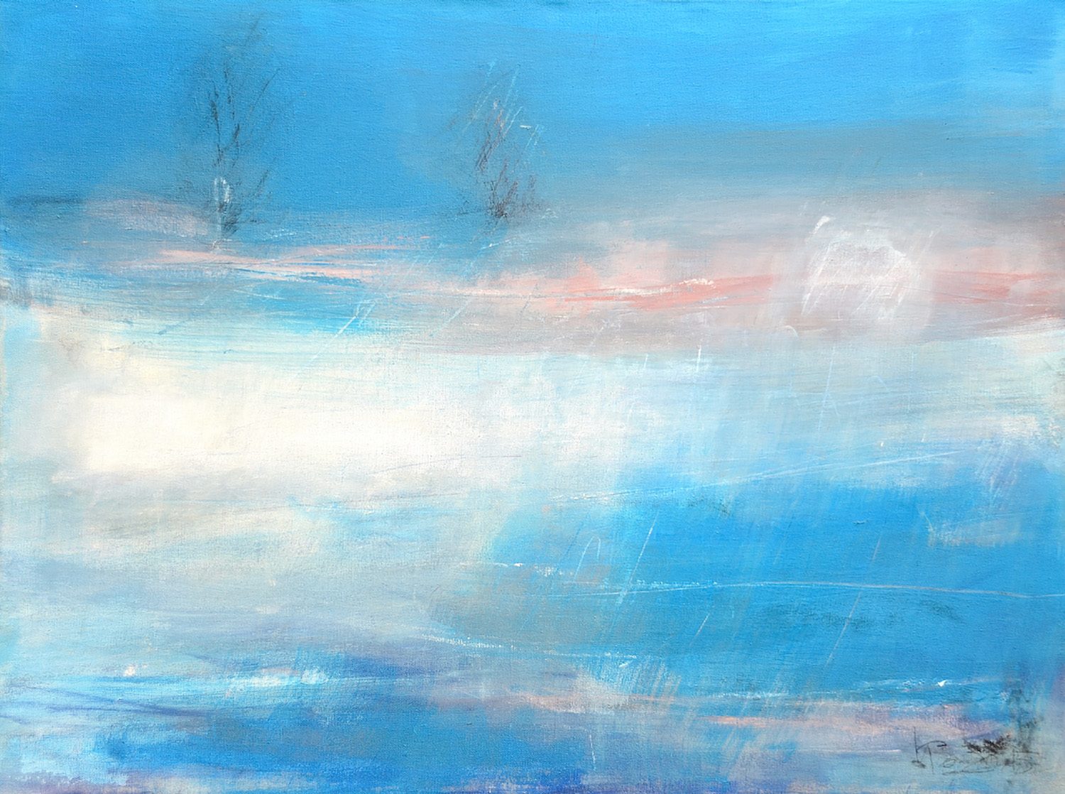 Abstrakte Darstellung mit blauen und weißen Farbtönen, sanften Übergängen und Strukturen.