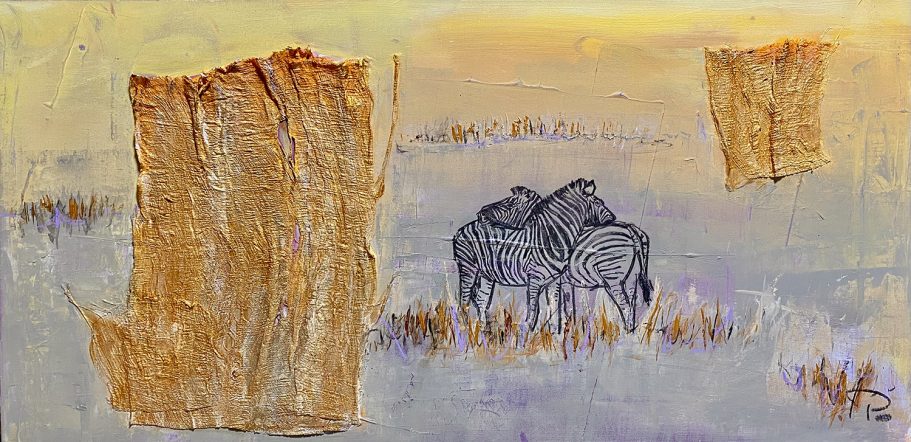 Collage mit Zebras | 100x50x5cml Zwei Zebras in einer ruhigen, pastellfarbenen Landschaft mit goldenen Stücken.